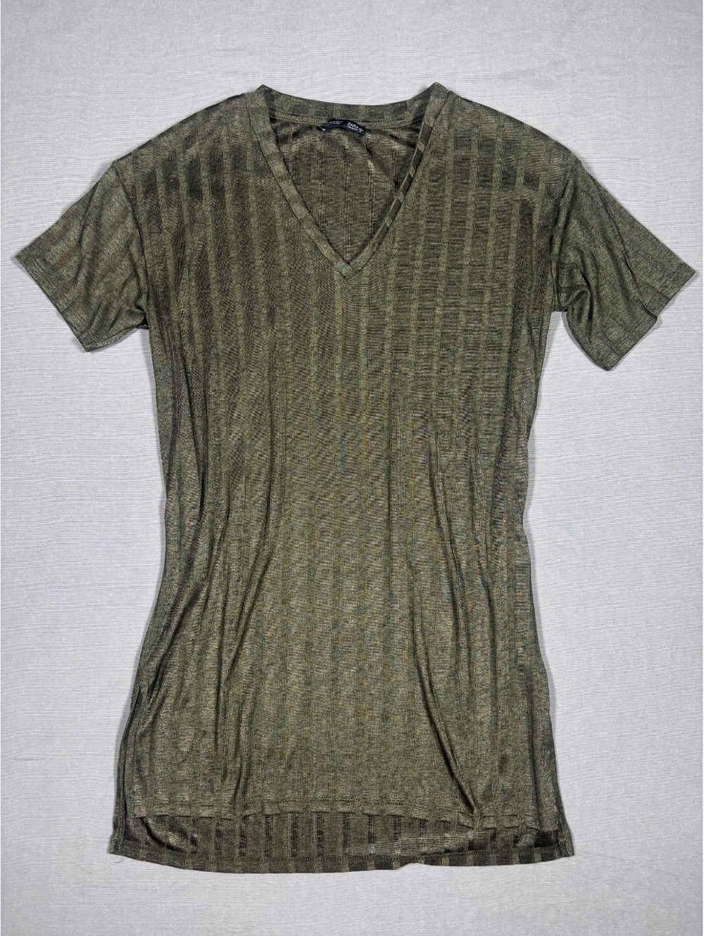 Zara Collection Women Small Green Striped V-Neck Short Sleeve Blouse Top
